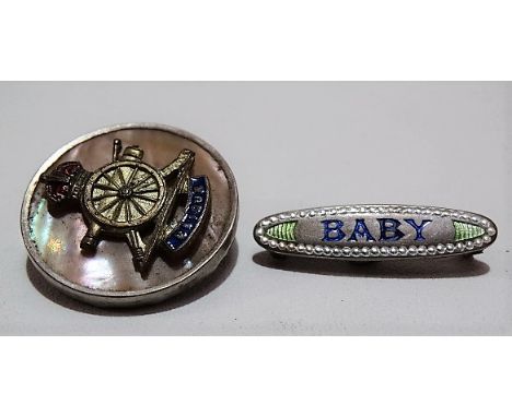 Charles Horner silver and coloured enamel 'BABY' brooch, Chester 1914; together with a sterling silver mother of pearl and en