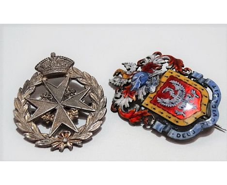 Sterling silver cast St John's Ambulance badge; together with a white metal and coloured enamel armorial brooch (2).
