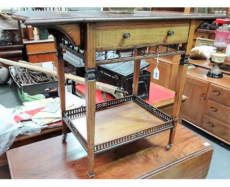 Victorian rosewood boxwood inlaid two tier side table, the top with boxwood strung and parquetry fan corners, the leaves of s
