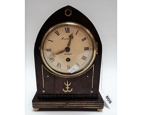 Rosewood lancet case brass inlaid single train timepiece, the 4in cream enamel dial signed Barwise, London, with brass ring h