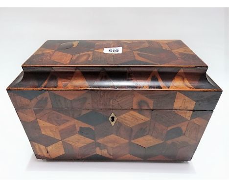 Good early 19th Century Tunbridge ware parquetry wood specimen tea caddy, the hinged lid revealing two caddies flanking a cen