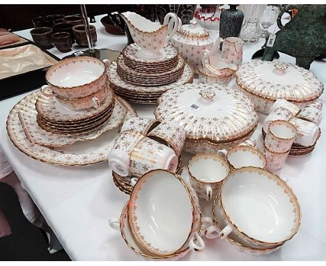 Modern Spode 'Fleur De Lys Gold' pattern tablewares, no. Y8063-B, including two lidded tureens, teapot, cream jug, milk jug, 