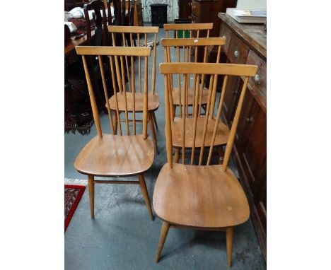 Set of five Ercol pale elm and beech dining chairs with comb backs