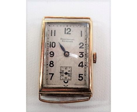 9ct gold cased manual wind wristwatch, the rectangular silver textured dial signed Bravingtons Renown, with subsidiary second