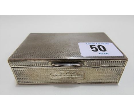 Modern silver small rectangular engine turned cigarette box, the front with engraved dedication, maker H.K., Birmingham 1953,