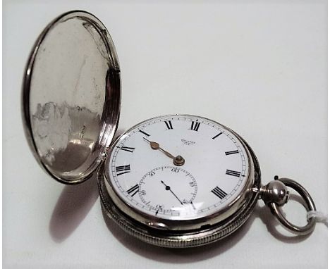 Silver full hunter key wind pocket watch, the enamel dial with Arabic Roman numerals and subsidiary seconds dial, signed Shea