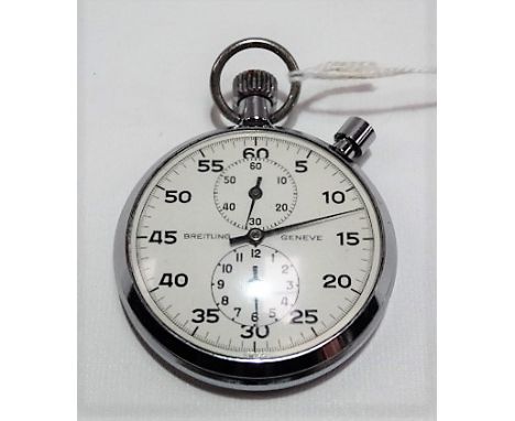 Breitling Genève chrome cased crown wind stopwatch, the white enamel dial with 0.60 seconds, Arabic numerals and two subsidia