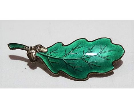 Scandinavian silver gilt green enamel brooch in the form of an acorn leaf, the back stamped 925 S.J.B., length 46mm