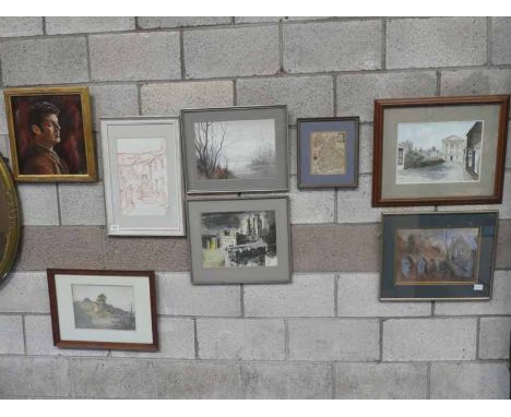 A small 17th century style Map of Lancashire, six assorted watercolour Landscapes and oil on canvas Portrait