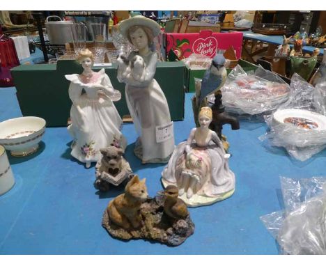 Royal Doulton HN3742 Gillian, Nao Girl with Puppies, seated figure and three resin Birds/Animals