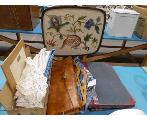 A Tapestry pole screen, mixed Textiles, Wool Bag and 2 ledgers