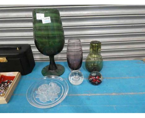 Six items of coloured Glass inc two Caithness desk weights, water set, large Vase, Plate and Vase