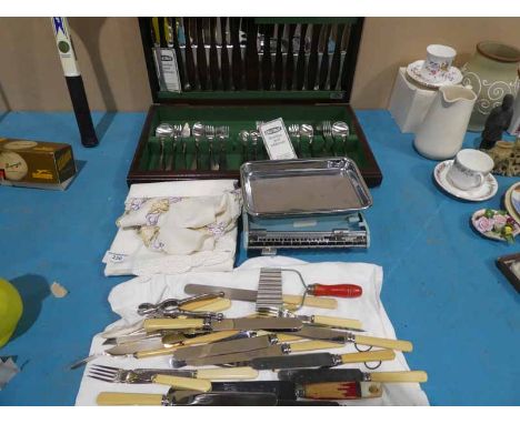 Baby Scales, old Hall part canteen, loose Flatware and Linen 