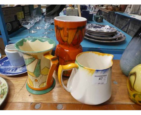 A Poole Pottery Aegean waisted Vase, number 84 and two Deco Jugs