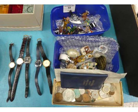 Five ladies Wrist Watches inc Rotary, a small selection of Coins and a collection of small glass and ceramic Animals