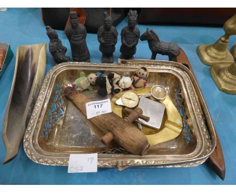 Mixed curios inc terracotta Chinese Army Figures, Tray, Shuttle Barrel Tap etc