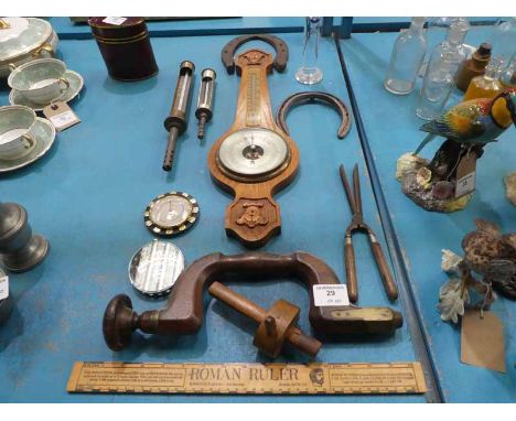 Twelve items inc old tools, Barometer, Horseshoes and Boiler Thermometer