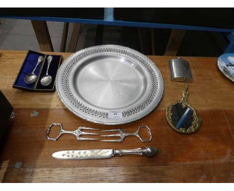 A decorative steel tray, hip flask, brass art nouveau hand mirror, pair of Bread Forks, Cake Knife, pair of Jam Spoons