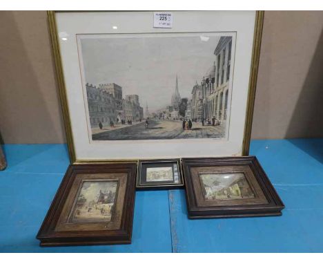 'High Street, Oxford' colour lithograph, 25cm X 35cm plus two continental oils of street scenes and miniature prints
