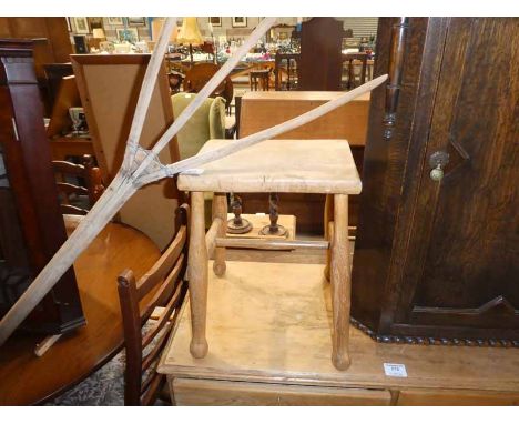 A pine four leg Milking Stool and a pine three prong Hay Fork
