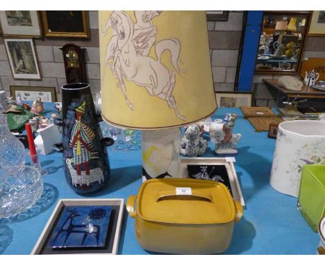 A 1960s horse themed lamp and shade, a Venetian Tapering Shepherd vase, two Scandinavian style enamel panels initialled JTT p
