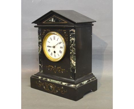 A Victorian Black Slate and Marble Mantle Clock of Architectural Form, the enamel dial with Roman numerals and single train m