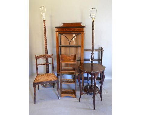 An Edwardian Mahogany Line Inlaid Display Cabinet, together with two lamp standards, two book shelves, a two tier occasional 