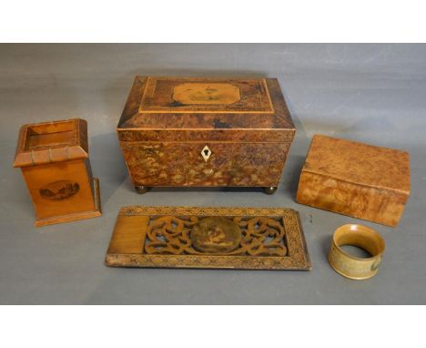 A 19th Century Burr Walnut Work Box together with a Mauchlin Ware money box, a Tunbridge Ware panel, another box and a napkin