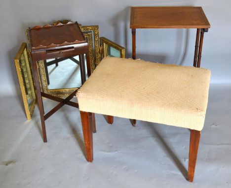 A Mahogany Teapot Stand, together with a mahogany occasional table, a rectangular stool and a gilt framed dressing mirror 