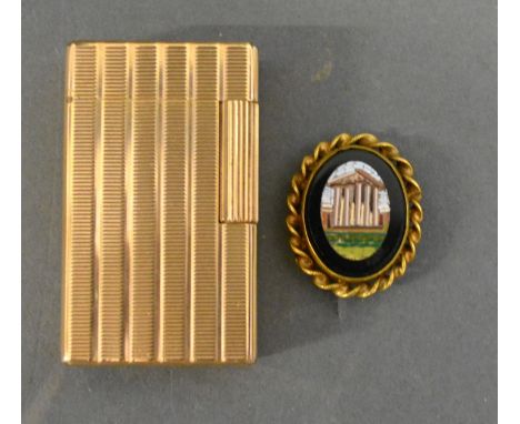 A 19th Century Micro Mosaic Brooch of Oval Form together with a Gold plated Cigarette Lighter by Dupont 
