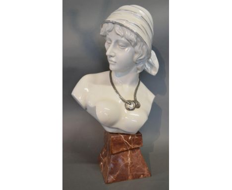 An Art Nouveau Style Porcelain Large Bust in the form of a Girl wearing a Hat, 55 cms tall 