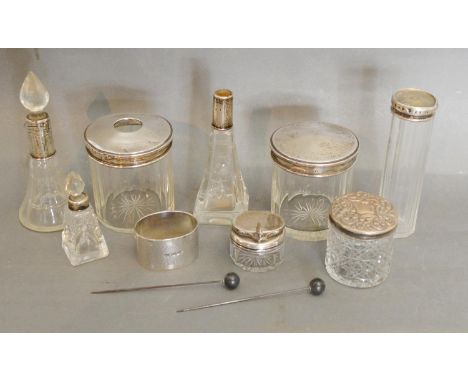 A Silver Topped Cut Glass Ink Well, together with various silver topped and cut glass dressing table bottles and a pair of ha