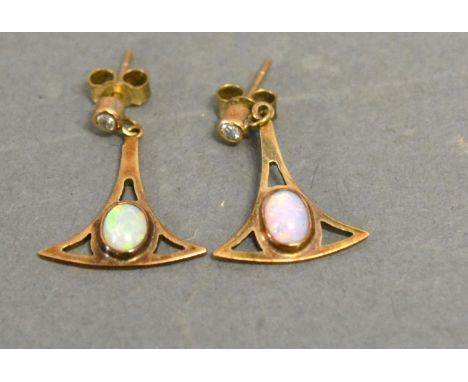 A Pair of Yellow Gold Opal and Diamond Set Drop Earrings in the Art Nouveau Style 