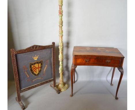 A Carved Oak Fire Screen with Embroidery 'Clare College Cambridge' together with an onyx lamp standard and a mahogany inverte