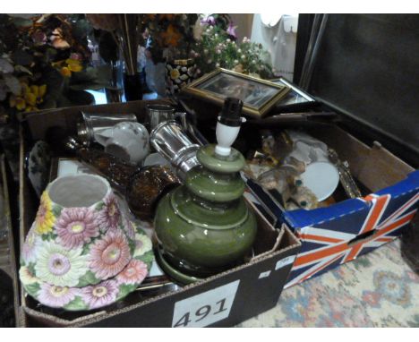 2 BOXES TO INC TANKARDS, DOLL, PHOTOS, LAMP BASE ETC