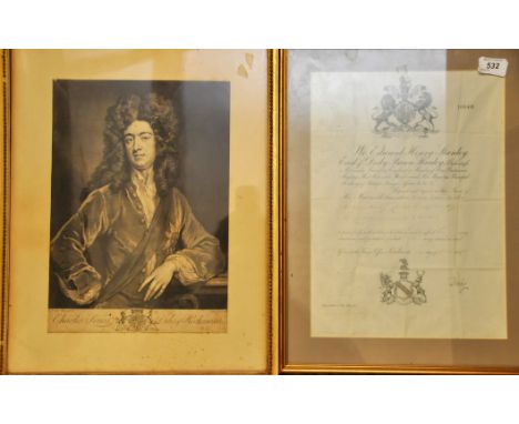  SIGNED & FRAMED WARRANT FROM THE EARL OF DERBY 1875 (10048) AND PORTRAIT ENGRAVING OF CHARLES LENOS DUKE OF RICHMOND