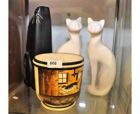 2 CAT ORNAMENTS,CAT VASE AND PLANTER WITH CAT DECORATION