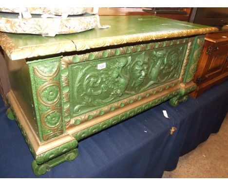 WOODEN TRUNK WITH GREEN MAN DESIGN TO FRONT 