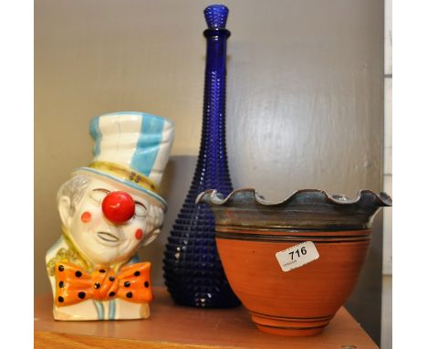 CLOWN, BLUE GLASS BOTTLE AND PLANTER 
