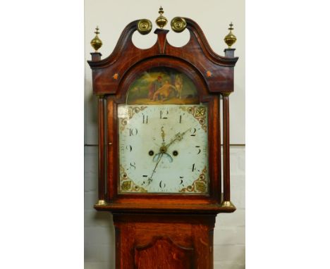 William Smith. A George III oak and mahogany crossbanded longcase clock. the break arch dial painted with medicine being admi