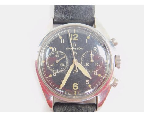 A Hamilton British Military RAF pilot's stainless steel chronograph wristwatch, dated 1972, the black dial bearing Arabic num