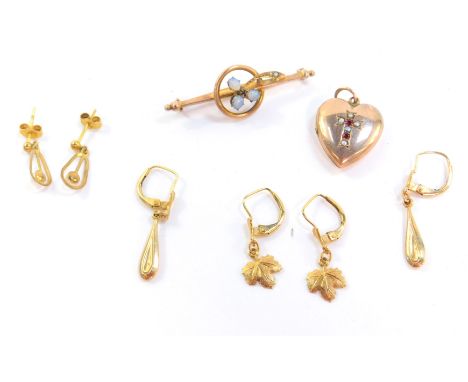 A Victorian opal and seed pearl floral bar brooch, set in yellow metal, stamped 9ct, three pairs of 9ct gold earrings, one se