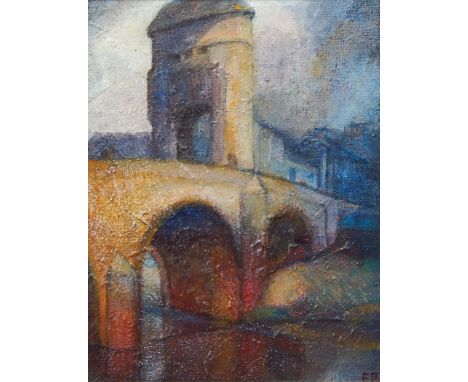 F M Rhodes. The Mono Bridge, Monmouth, oil on canvas board, mongrammed, attributed and signed verso, 31cm x 23.5cm.