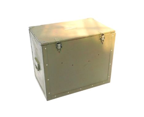 A US Military painted ply wood chest, with hinge lid, metal bindings, bearing brass plaque for US Army Signal Corps, Chest CY