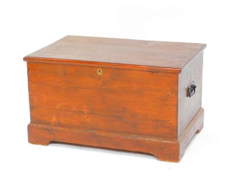 A Victorian stained pine blanket chest, with iron hinges and later lock plate, raised on a bracket feet base, 78cm W, 51.5cm 