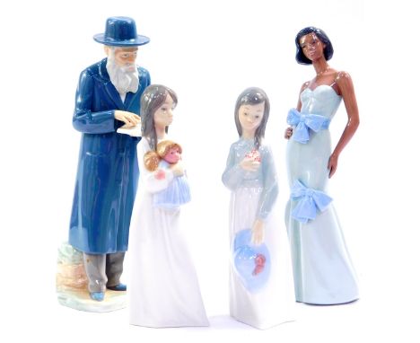 Four Nao porcelain figures, comprising an elderly man standing reading a book, lady in an evening gown with two large blue bo