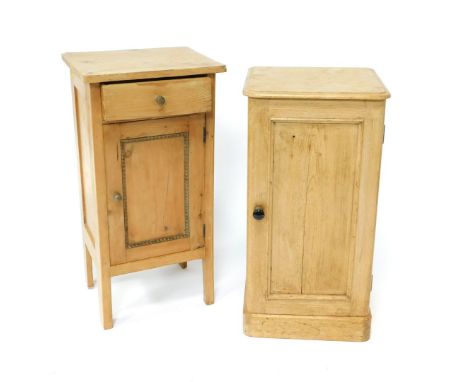 A late Victorian pine pot cupboard, enclosed by a single door, with a single shelf and plinth base, and a further pine pot cu