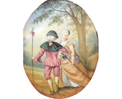 Karoly Csensery (Hungarian, b.1921). 18thC figures in a garden, watercolour on enamel, attributed verso, 13.5cm x 10.5cm.