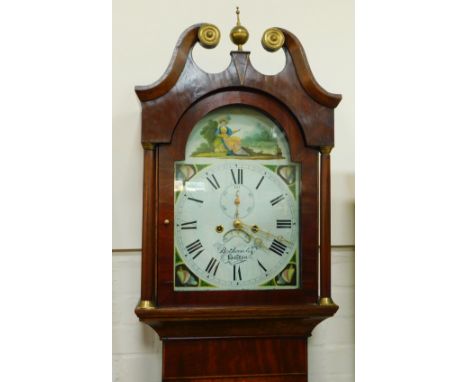 A William IV oak and mahogany crossbanded longcase clock by Bothamley of Boston, the break arch dial painted with a fashionab