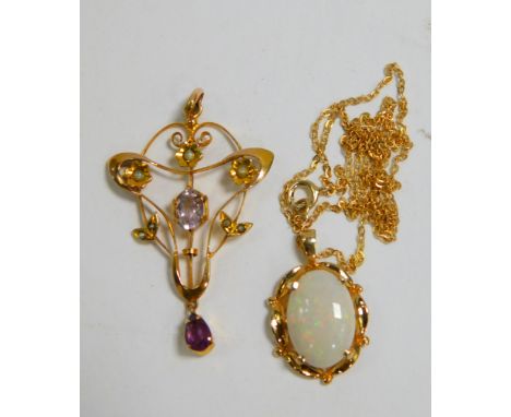 An Art Nouveau 9ct gold amethyst topaz and seed pearl floral pendant, together with a 9ct gold and opal pendant on chain, 4.6